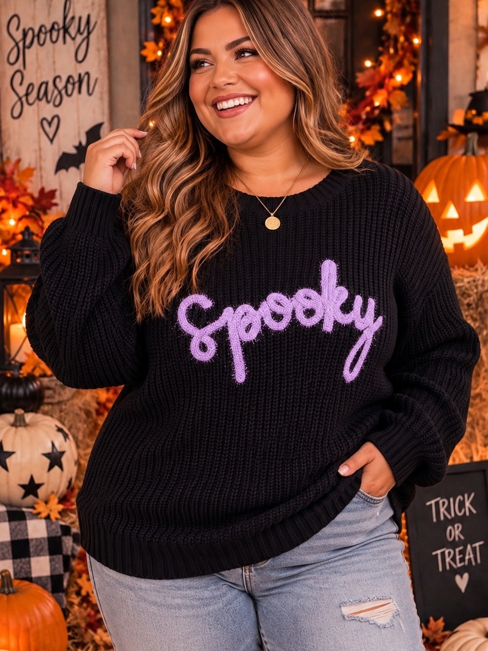 Boutique Pick! 🎀✨ Plus Size Black Crewneck Sweater with Lavender "Spooky" Script